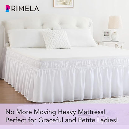 RIMELA Bed Skirt Wrap Around Elastic Dust Ruffles Solid Color Wrinkle and Fade Resistant with Adjustable Elastic Belt Easy to Install White for King & California King Size 18 Inch Drop