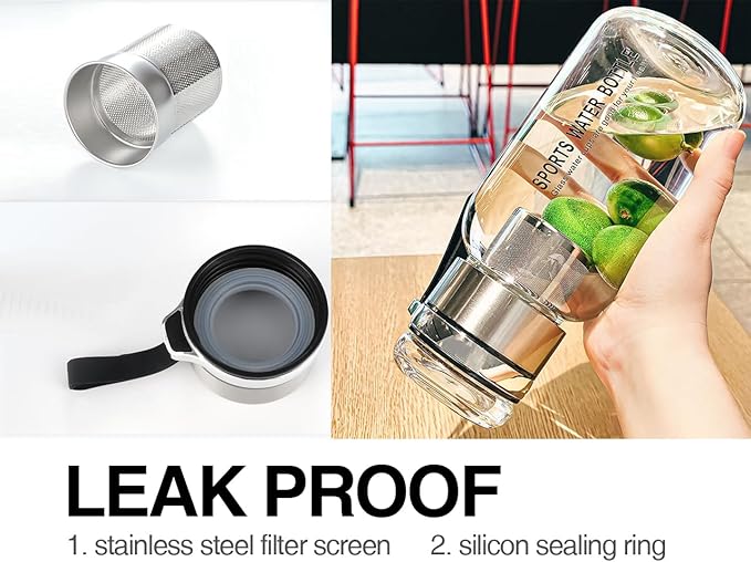 32OZ Borosilicate Glass Infuser Water Bottle,Glass Tea Tumbler with Strainer and Anti-slip Sleeve, Sport Water Bottles for Gym Hiking Camping
