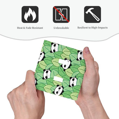 Cartoon Panda and Leaf Double Toggle Light Switch Covers 2 Gang Wall Plate Dual Decorative Switchplate Electrical Faceplate for Bathroom Country Kitchen Bedroom Decor, 4.9" x 5"