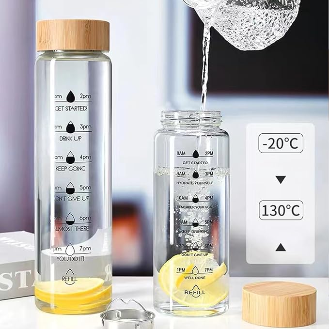 36oz Glass Water Bottle with Time Marker, Leak-Proof,With stainless steel tea strainer, BPA-Free Reusable Hot and Cold Beverages for Office, Gym, Travel