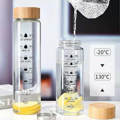 36oz Glass Water Bottle with Time Marker, Leak-Proof,With stainless steel tea strainer, BPA-Free Reusable Hot and Cold Beverages for Office, Gym, Travel