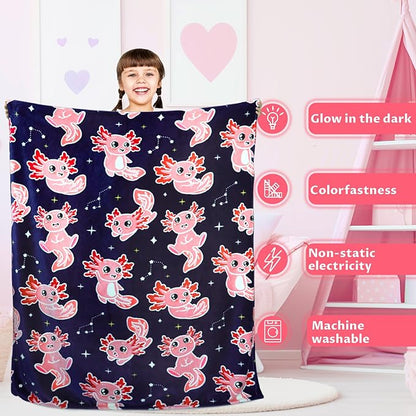 Axolotl Blanket Glow in The Dark Blanket Pink Axolotl Plush Cute Blanket for Girls Axolotl Gifts Birthday Decorations 50"x60"