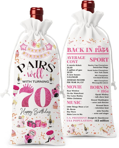 70th Birthday Gifts for Women Men Wine Bag, 70 Year Old Birthday Gifts for Woman Man, 70th Birthday Party Decorations Men for Women, Pairs Well with Turning 70 Wine Bags (White Pink)