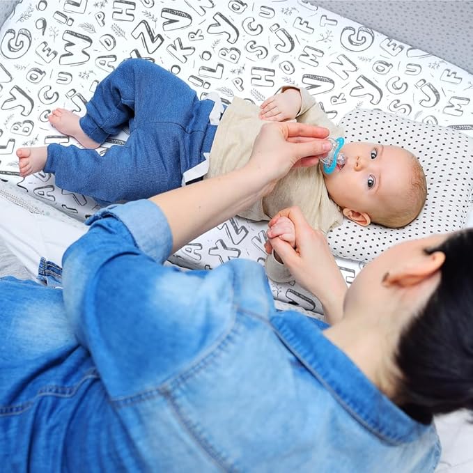 4 Pack Fitted Pack N Play Sheets for Baby Boys Neutral Unisex Breathable Soft Toddler Mini Crib Sheets for Pack and Play Mattress (Letter Print)