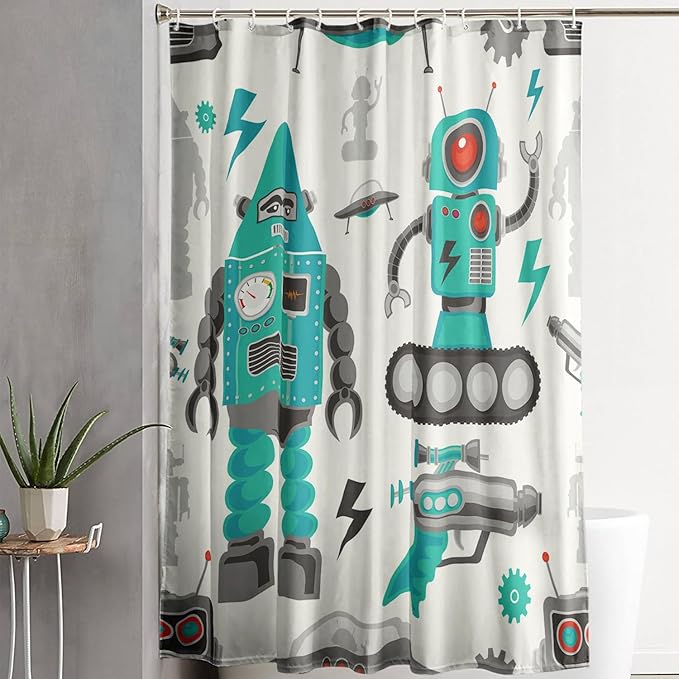 AILONEN Robot Shower Curtain,Cartoon Green Tank Robot Bathroom Decors, 72" W*72" H Logistic Robots Waterproof Shower Curtain for Boys Girls Teens Kids