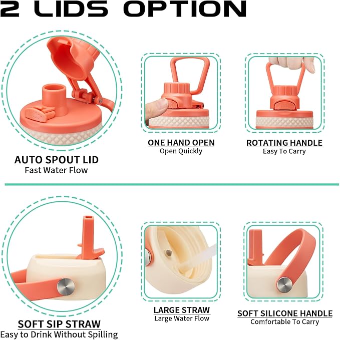 32 oz Sports Water Bottle Insulated - w/Paracord Handle, Straw & Spout Lids, Protective Boot, Sweat Proof Hydro Metal Water Flask Keeps Cold-48H Hot-24H, Travel Thermo Mug for Sports Hiking