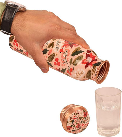 Pure Copper Water Bottle - Handcrafted - Ayurveda Health Benefits - Large 35 oz - Leak proof - Easy to carry for Sports, Fitness, Yoga, School - Textured Multicolor Floral.