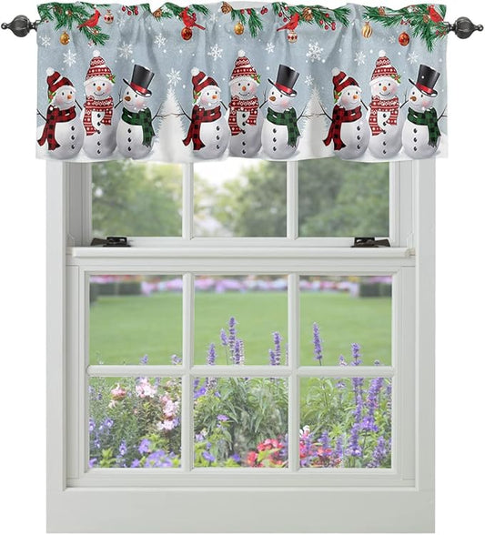 Christmas Kitchen Curtains Valances for Windows Snowman Cardinal Rod Pocket Window Treatment for Kitchen/Living Room/Bedroom/Bathroom,42" X 18" -1 Panel, Bluish Grey Winter Holiday