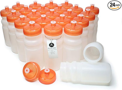 Rolling Sands 20 Ounce Sports Water Bottles 24 Pack, BPA-Free, Made in USA, Dishwasher Safe, Clear Frost Bottles/Orange
