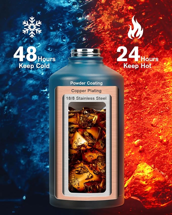 One Gallon Water Bottle,128oz Insulated Flask Stainless Steel Vacuum, Cold for 48 Hrs,BPA-Free & Leakproof -with Paracord Handle,Strap,Straw Spout Lids,Large Jug for Gym Sports,Indigo Black