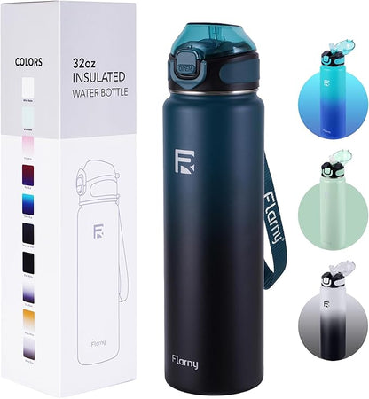 32 oz Insulated Water Bottle with Straw, Stainless Steel Metal Thermos Bottles, Durable Non-Slip Gradient Bottle with Strap for Sports and Travel, Leak Proof (Navy Blue Black)