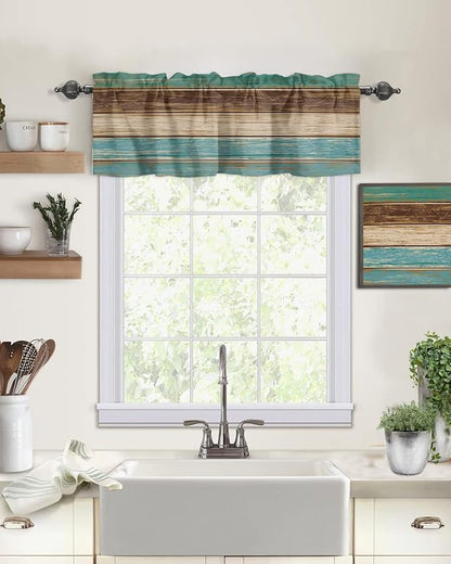Farmhouse Kitchen Curtains Valances for Windows Teal Turquoise Green Brown Country Rod Pocket Window Treatment for Kitchen /Living Room/Bedroom/ Bathroom,42" X 12" -1 Panel, Retro Rustic Barn Wood