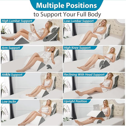 4pcs Wedge Pillow Headboard Set. Comfortable Sleep and Rest Relieves Back and Leg Pain, Aids in Acid and Gastro-Oesophageal Reflux Relief, Reduces Snoring - White