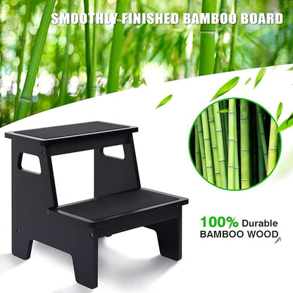 Kids Step Stools for Toddlers Bathroom Wood Toddler Step Stool Kitchen Counter Sink Baby Stepstools Bamboo Wooden Foot Bed Stool for Child Potty Training Toilet Stool Stepping Stool, Black with Pads