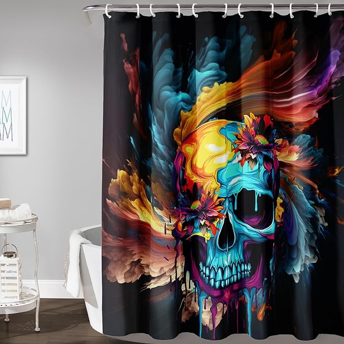 AILONEN Sugar Skull Shower Curtain for Bathroom,Romantic Colorful Smoky Skull Bath Curtain,Watercolor Skull Skeleton Decoration Bathroom Waterproof Shower Curtain with 12 Plastic Hooks, 72" W*78" H