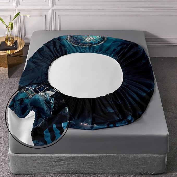 AILONEN Howling Wolf Fitted Sheet Set Twin Size, 3 Pieces Teen Boys Bedding Set Safari Animal Themed Sheet Set,Dreamcatcher Bed Sheet Set Evening Forest Wolf Fitted Sheet with 2 Pillowcases