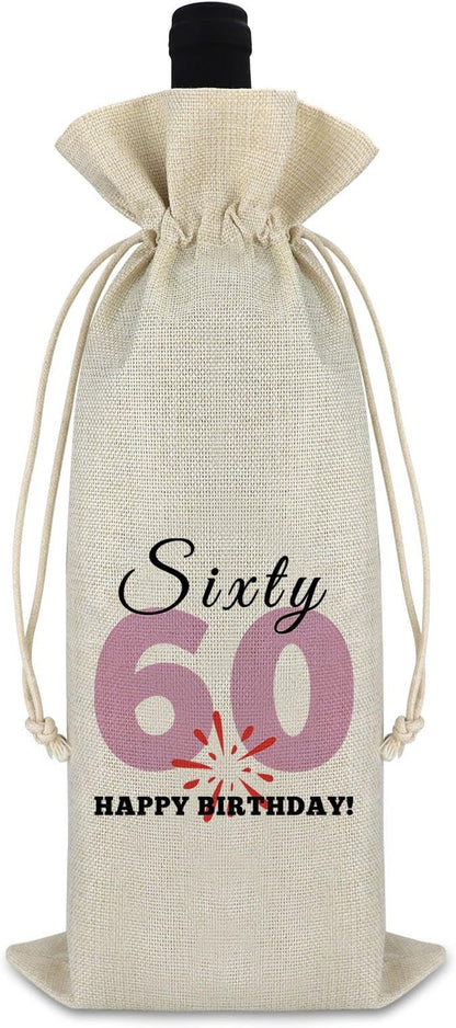60th Birthday Gift Wine Bag Happy 60th Birthday Gift for Men Women 60 Year Old Birthday Party Decors Turning 60 Gift for Grandma Grandpa Happy Sixty Birthday Burlap Wine Gift Bag Retirement Gift