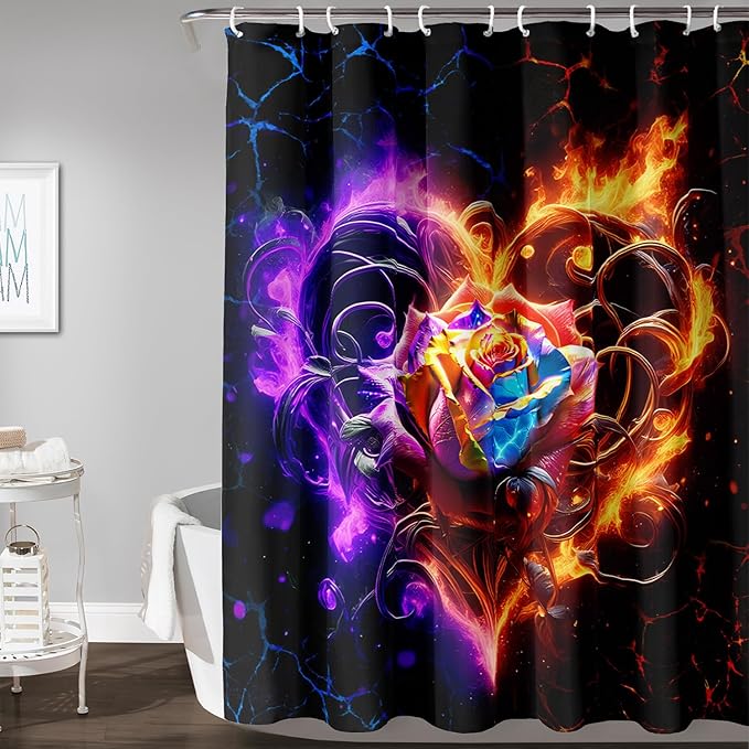 AILONEN Rose Shower Curtain for Bathroom,Purple Red Flame Fire Rose Hearts Print Bath Curtain,Modern Print Decoration Waterproof Shower Curtain with 12 Plastic Hooks, 72" W*84" H
