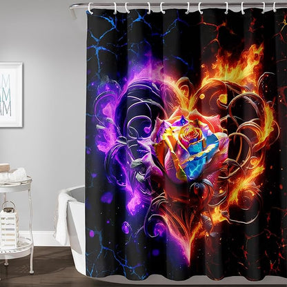 AILONEN Rose Shower Curtain for Bathroom,Purple Red Flame Fire Rose Hearts Print Bath Curtain,Modern Print Decoration Waterproof Shower Curtain with 12 Plastic Hooks, 60" W*72" H