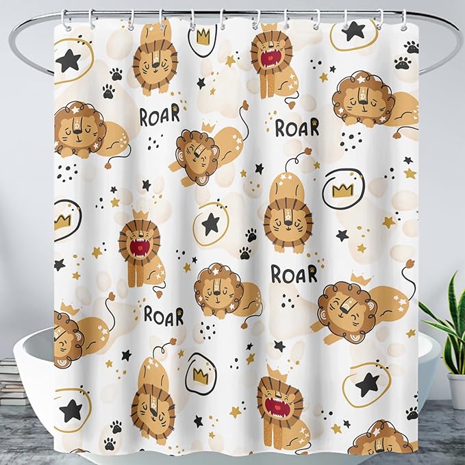 AILONEN Cute Lion Shower Curtain for Bathroom, Children Kwwaii Animal Bathroom Curtain Decor,Printed Bath Curtain for Boys Girls 72" W*84" H Polyester Waterproof Bathroom Curtain with 12 Hooks