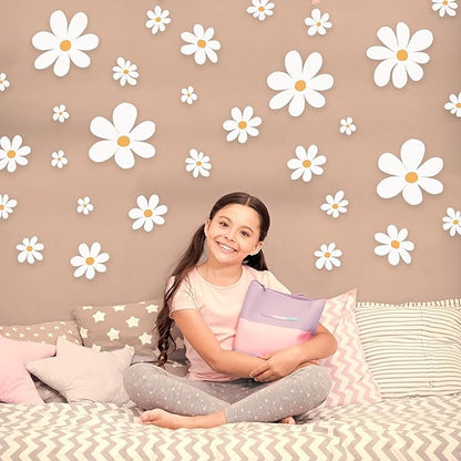 Classic Style Daisy Wall Decal - 12 Sheets of Big White Vinyl Flower Wall Stickers - Daisy Decor Ideal for Kids Girls Nursery, Playroom, Bedroom, and Living Room - Peel and Stick Floral Stickers