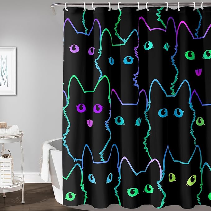 AILONEN Cute Cat Shower Curtain for Bathroom,Gradient Line Kawaii Kitten Bath Curtain for Kids Boys Girls,Color Cartoon Animal Polyester Waterproof with 12 Plastic Hooks 72" W*72" H