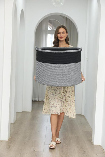 24" x 24" x 17" Max Size Large Cotton Rope Basket, Extra Large Storage Basket, Woven Laundry Hamper, Cloth Storage Bin, for Blankets Clothes Towels Pillows in Living Room, Black in Grey Mix