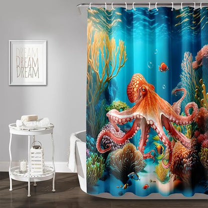 AILONEN Kawaii Octopus Shower Curtain,3D Octopus Turquoise Themed Bath Curtain Cloth Fabric Bathroom 48" W*72" H Inch,12 Pack Hooks for Kids Child,Boho Mandala Ocean Theme Bathroom Curtain