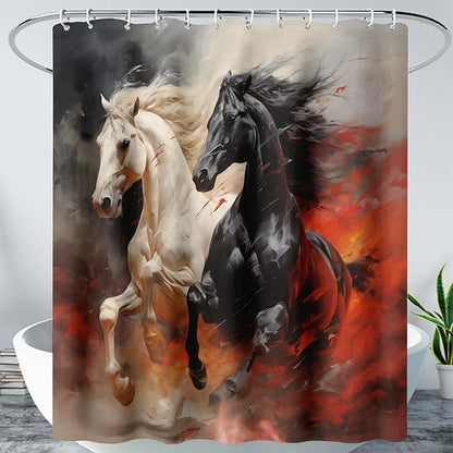 AILONEN 3D Horse Shower Curtain,Black White Galloping Horses Waterproof Fabric Shower Curtains for Bathroom,Farmhouse Animals Bath Curtain Set with Hooks, 60" W*72" H