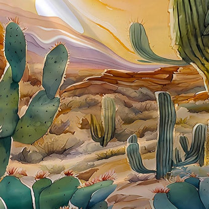 AILONEN Watercolor Cactus Shower Curtain,Orange Succulent Flower Waterproof Shower Curtains Set for Boys Kids Teens, 72" W*78" H Sunset Mountains Cactus Forest Shower Curtain