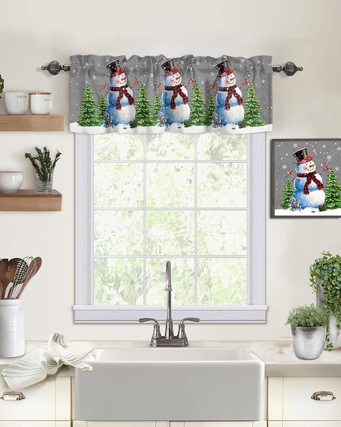 Christmas Snowman Kitchen Curtains Valances for Windows Winter Holidays Cardinal White Snowflake Rod Pocket Window Treatment for Kitchen /Living Room/Bedroom/ Bathroom,42" X 12" -1 Panel, Gray