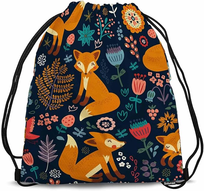Drawstring Bag Cute Fox Waterproof Basketball Bag Colorful Flower Red Bird Autumn Plants Stroage Small Exercise Accessiors Water Bottle Change of Clothes Shoes Ball