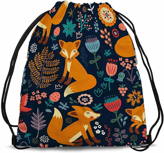 Drawstring Bag Cute Fox Waterproof Basketball Bag Colorful Flower Red Bird Autumn Plants Stroage Small Exercise Accessiors Water Bottle Change of Clothes Shoes Ball
