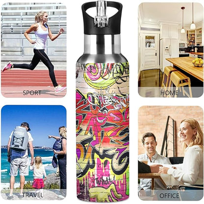 xigua Graffiti Wall Water Bottle, BPA Free Stainless Steel Water Bottle Leak-Proof Sports Bottle for Camping Workouts Gym and Outdoor Activity, 22oz