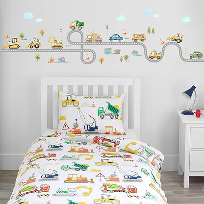 Kids Car Road Wall Decals Truck Pictures for Toddler Walls 43PCS Transports and Road Wall Stickers Wallpaper Peel and Stick Daycare Traffic Signal Wall Art Excavator Wall Decal for Playroom Nursery