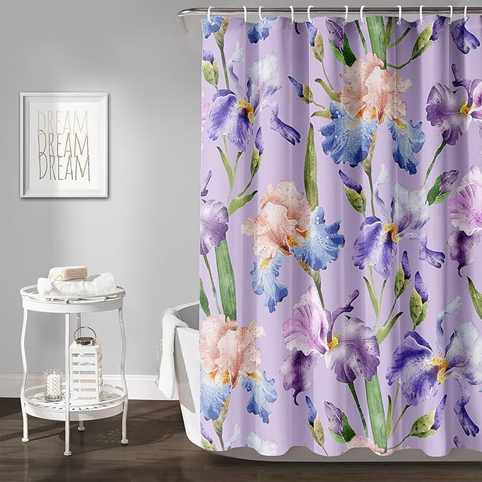 AILONEN Floral Shower Curtain, Pretty Purple Iris Pattern Shower Curtain Set for Girls Boys Teens Kids,Fantasy Vintage Flower Fabric Shower Curtains for Bathroom,36" W*72" H