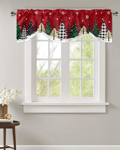 Red Merry Christmas Blackout Tie Up Valance Curtains for Kitchen Windows Green Christmas Tree Window Toppers Balloon Shades for Living Room/Bathroom/Bedroom,1 Panel, 54" X 18",White Snow Forest Winter