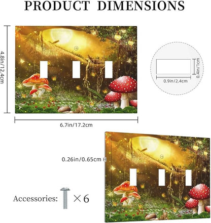 Red Mushroom Forest Fairy Moon Butterfly 3 Gang Bohemian Light Switch Covers Decorative Triple Toggle Wall Plate Electrical Faceplate Switchplate for Kidroom Nursery Bedroom Decor