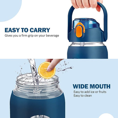 kytffu 42oz Glass Water Bottles with Straw, Motivational Glass Bottle with Silicone Sleeve and Time Marker, Leakproof Large Glass Water Jug for Gym Home Office,Blue