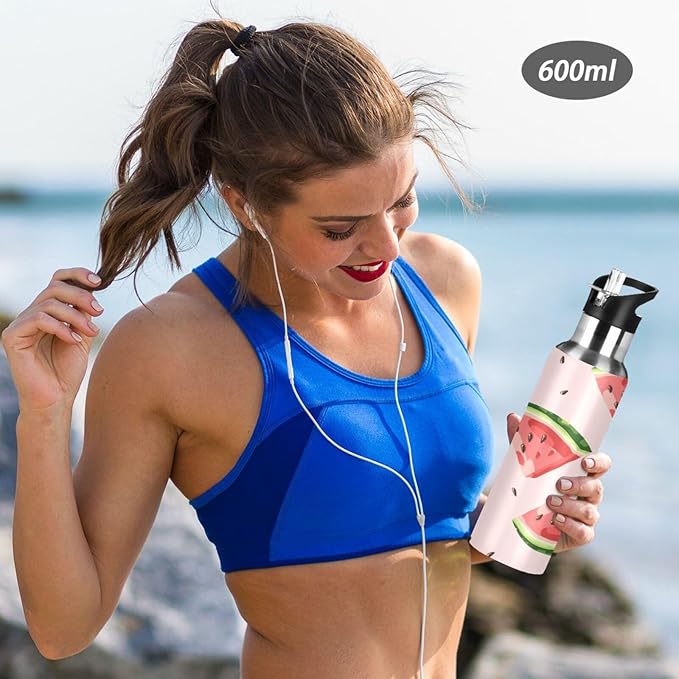 ALAZA Red Watermelons Water Bottle With Straw Lids Boys Girls,Vacuum Insulated Leakproof Stainless-Steel Sports Bottle Thermal Flask For Gym Yoga Camping,34Oz (1000Ml)