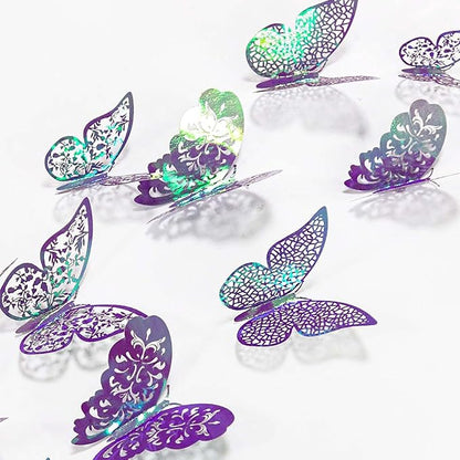 72Pcs 3D Butterfly Wall Decor 3 Sizes 3 Styles, Removable Butterfly Stickers Wall Decals, Butterfly Decorations Party Birthday Cake Decoration for Kids Nursery Wedding Bedroom Room(Purple)