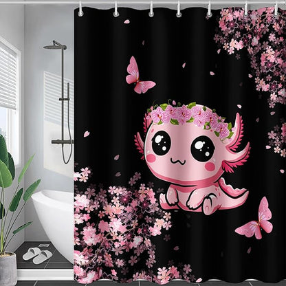 AILONEN Cute Cartoon Axolotl Kawaii Shower Curtain,Pink Cherry Blossom Floral Bath Curtain,Animal Axolotl Butterfly Waterproof Black Curtain for Bathroom, 72" W x 84" H