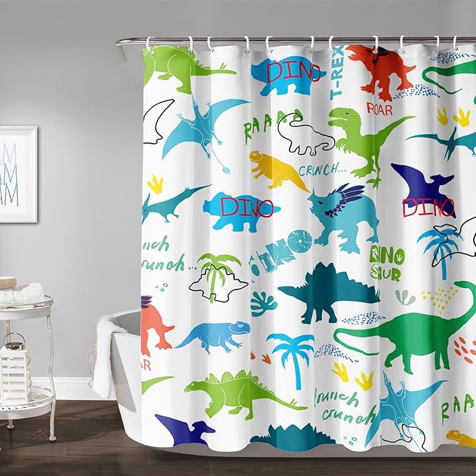 AILONEN Cartoon Dinosaur Shower Curtain for Kids Boys 72" W*72" H Inch,Colorful Dinosaur Pattern Shower Curtain,12 Pack Hooks Polyester Waterproof Fabric Decor for Bathroom