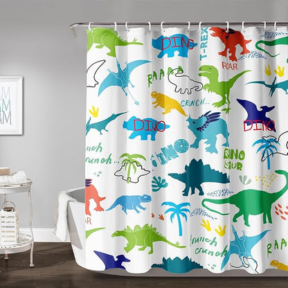 AILONEN Cartoon Dinosaur Shower Curtain for Kids Boys 72" W*72" H Inch,Colorful Dinosaur Pattern Shower Curtain,12 Pack Hooks Polyester Waterproof Fabric Decor for Bathroom