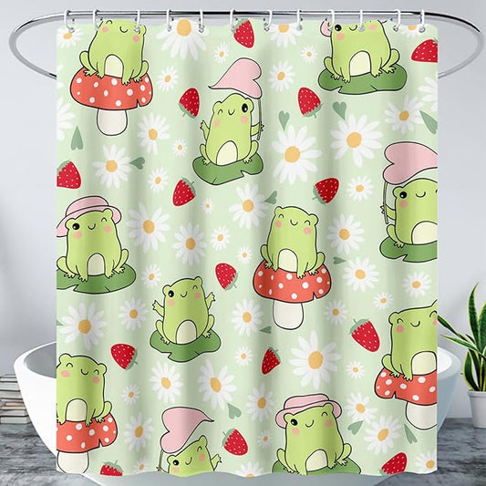 AILONEN Cute Frog Shower Curtain for Bathroom, Kawaii Strawberry and Frog Bath Curtain,Mushroom Frog Kids Girls Waterproof Curtain with 12 Plastic Hooks(72" W*72" H)
