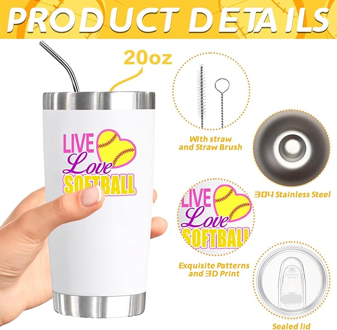 6 Pcs Softball Gifts Set Including 20oz Softball Tumbler cup Softball Bracelet Softball Makeup Bags Softball Stickers Hair Ties Sport Hair Scrunchie for Softball Lovers
