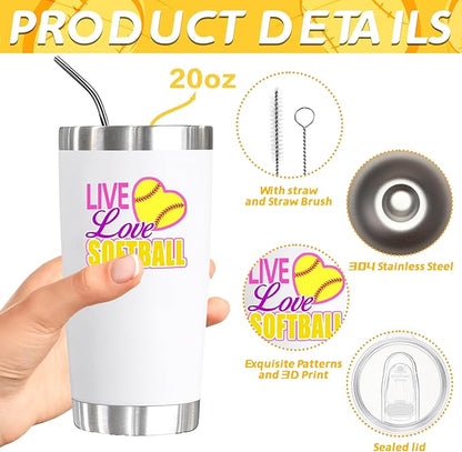 6 Pcs Softball Gifts Set Including 20oz Softball Tumbler cup Softball Bracelet Softball Makeup Bags Softball Stickers Hair Ties Sport Hair Scrunchie for Softball Lovers