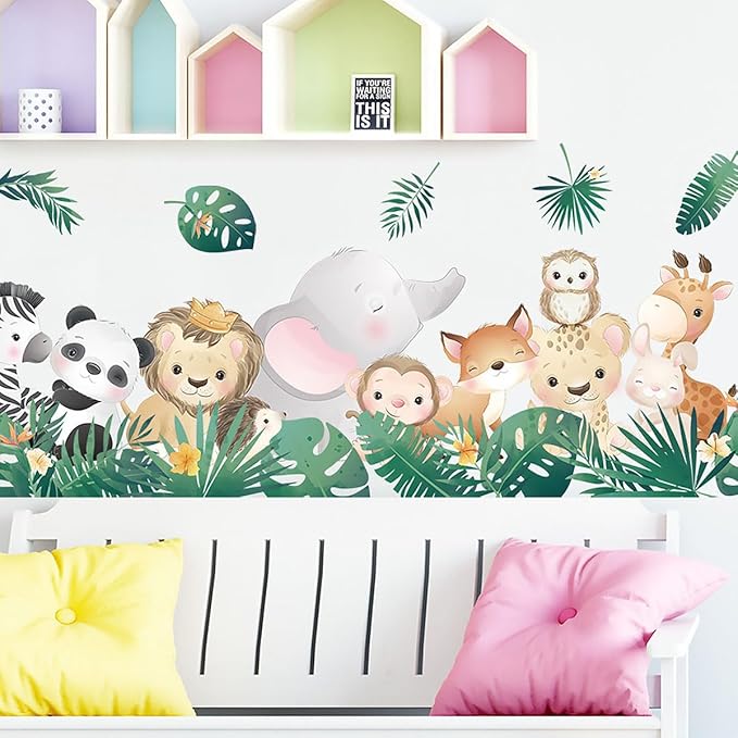 Cartoon Jungle Animals Wall Stickers Nordic Plants Zebra Panda Lion Elephant Monkey Wall Decals for Boy Kids Nursery Living Room Bedroom Children's Room Art Decorations