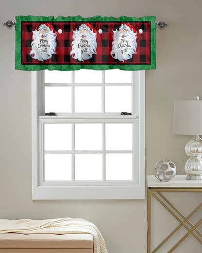Merry Christmas Y'all Kitchen Curtains Valances for Windows Xmas Santa Claus Rod Pocket Window Treatment for Kitchen/Living Room/Bedroom/Bathroom,42" X 18" -1 Panel, Red Buffalo Plaid