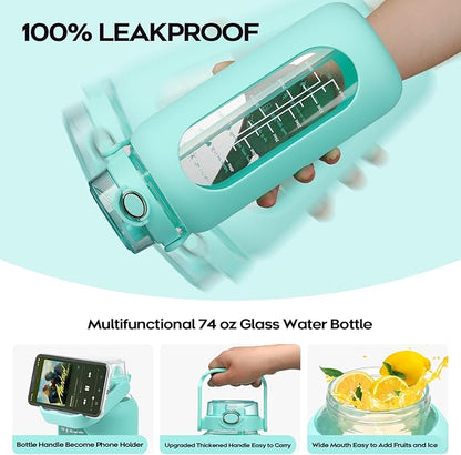 74 oz Glass Water Bolttles with Straw Large Motivational Water Bottle with Time Marker Sports Water Bottles with Silicone Sleeve and Handle Lid 2.2L Water Jug for Gym Workout